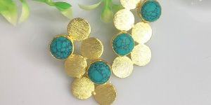 Long Boho 2 Turquoise Gold Statement Tribal Gypsy Stud Brush Earring