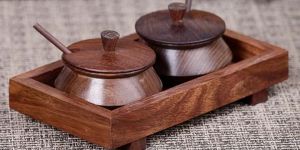 Wooden Tray with 2 Handi and Spoons