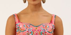 PFB 164 Coral Pink Thread Work Pure Art Silk Readymade Blouse