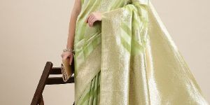 SN031 Green and Silver Organza Paisley Zari Woven Banarasi Saree