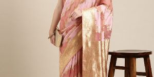 SN047 Pink and Golden Organza Paisley Zari Woven Banarasi Saree