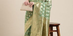 SN074 Green and Golden Organza Paisley Zari Woven Banarasi Saree