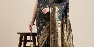 ST068A Charcoal and Golden Satin Paisley Zari Woven Banarasi Saree