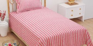 Plain Printed with Lines Pink Bedsheet Glace Cotton