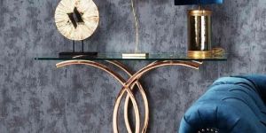 Rose Gold Metal Console Table with Glass Top