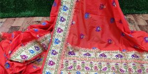 Red Banarasi Handloom Semi Katan Silk with Elephant Meena Weaved Saree