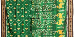 Green Yellow Deer Flower Khandua Handloom Silk Saree