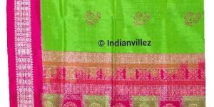 Pink Flower on Parrot Green Bomkai Sambalpuri Ikat Odisha Handloom Silk Saree