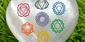 Seven Chakra Engraved Selenite Heart