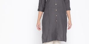 Vastraa Fusion Women's Cotton Solid Kurti - (Dark Grey)