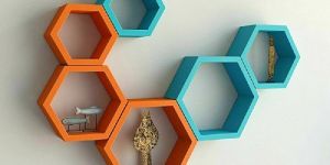 Wooden Blue Orange Hexagon Wall Shelf