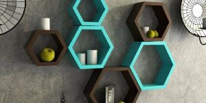 Wooden Brown & Green Hexagon Wall Shelf