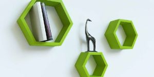 Wooden Green Hexagon Wall Shelf