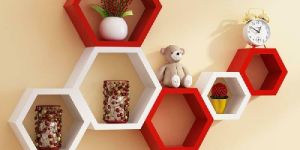 Wooden Red & White Hexagon Wall Shelf