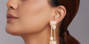Rose Quartz Drop Earrings with Gold Pipes