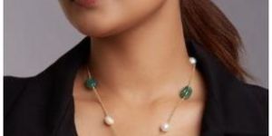 White Fresh Water Pearl Necklace with Green Jade Tumbles