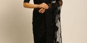 349 Net Black Hand Embroidered Saree