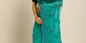 349 Net Sea Blue Hand Embroidered Saree