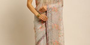 991 Organza Grey Thread Embroidered Saree