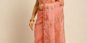 991 Organza Peach Thread Embroidered Saree