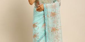 991 Organza Sea Blue Thread Embroidered Saree