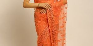 999 Net Peach Thread Embroidered Saree