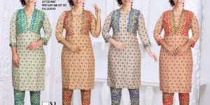 Ladies Cotton Printed Kurti Pant Set with Koti