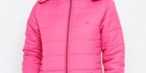 Women Solid Nylon Zipper Hooded Puffer Jacket