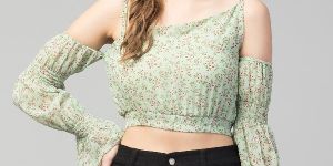 Women Girls Cold Shoulder Floral Crop Top