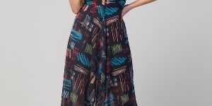 Women Printed Sleeveless Georgette Front Slit Knee Length Dress