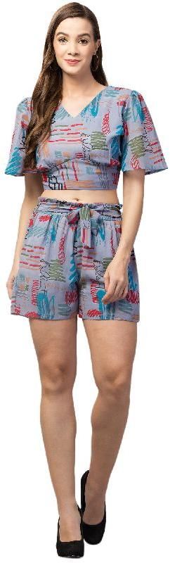 Women's Printed Butterfly Sleeve Tie Back Crop Top & Shorts