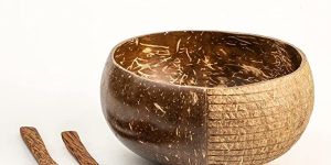 Inaithiram CSBH Coconut Shell Bowl 500ml with a Spoon and a Fork Handmade & Polished (Brown)