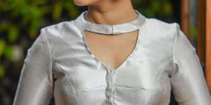 Silver Brocade High Neck Blouse with Elbow Sleeves
