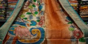 Pure Tussar Kalamkari Hand Painted Saree with Zari Weave Work