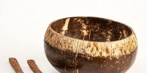 Inaithiram CSBRT Coconut Shell Bowl 900ml with a Spoon and Fork (Brown)