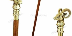 Vintage Mountain Goat Head Walking Stick Wooden Stick Antique Brass Handle Gift