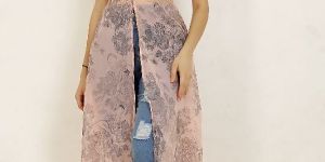 Ladies Peach Band Collar Neck High Slit Dress