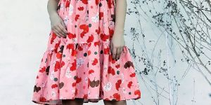 Ladies Peach Floral Printed a Line Short Dress