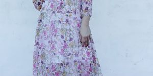 Ladies Pink Floral Printed Tie up Neck Long Dress