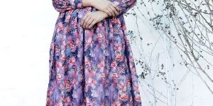 Ladies Purple Geometric Printed Fit and Flare Long Dress