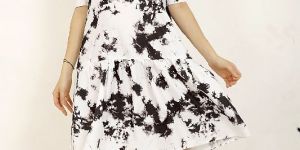 Ladies White Tie Dye Printed V Neck a Line Dress