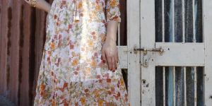 Ladies Yellow Floral Printed Fit and Flare Long Dress