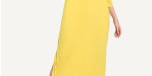 Viscose Lycra Yellow V Neck Collar Maxi Dress