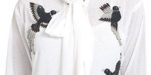 White Net Lycra Bird Patchwork Embroidery Shirts