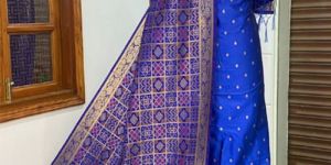 Unstitched Banarasi Silk Patola dupatta with motifs weaved Silk kameez suit set.