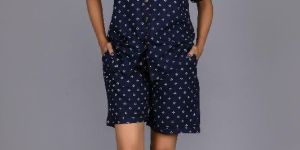 Ladies Navy Blue Rayon Shirt and Shorts Set