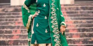 Green Silk and Kamkhwab Garara Set with Gota Patti Work on Shirt and Dupatta
