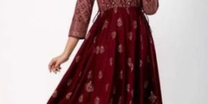 Ladies Red & Golden Printed Anarkali Kurti