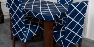 Navy Blue Checks Design Stretchable Table Chairs Cover
