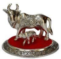 Oxidized White Metal Cow And Calf Figurine